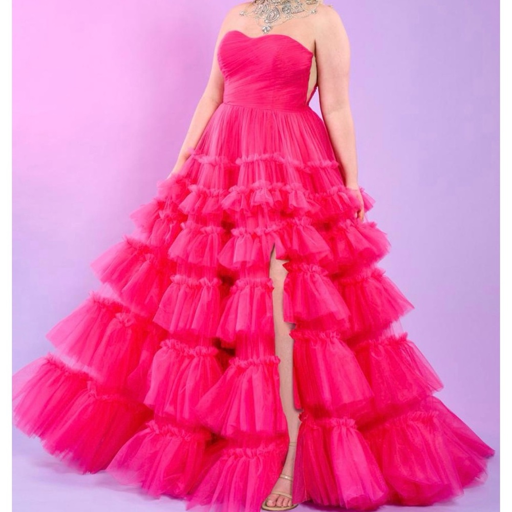 Rachel Allan Vibrant Pink Strapless Tiered Gown